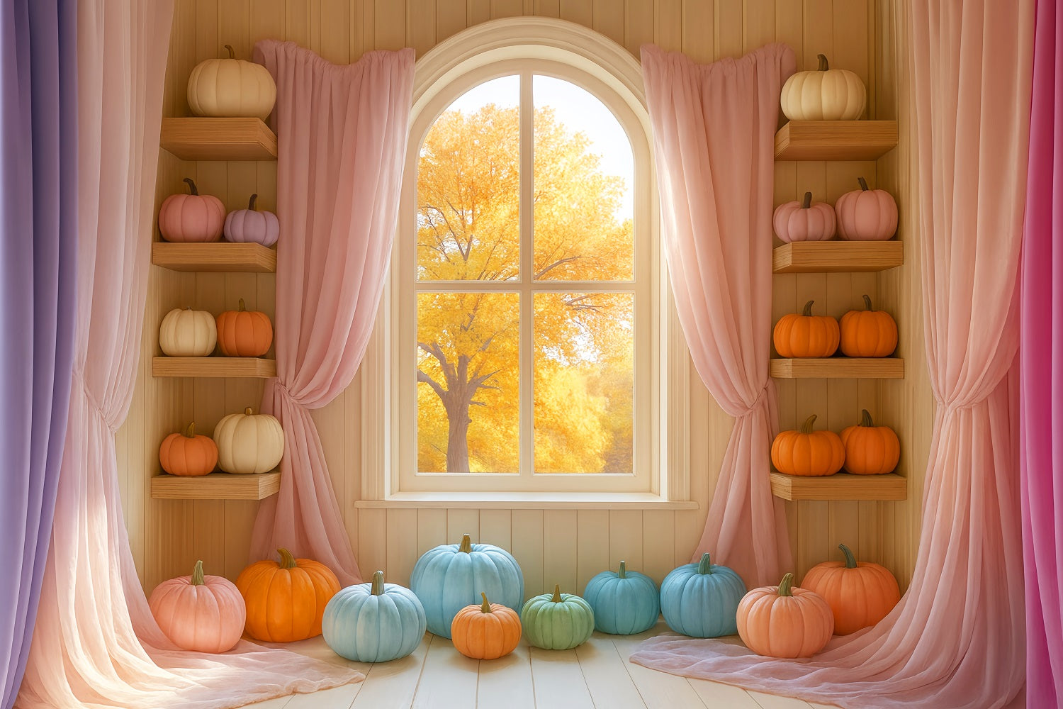 Pastel Backdrop Colorful Pumpkin Display Window Fall Backdrop UK LXX59-289