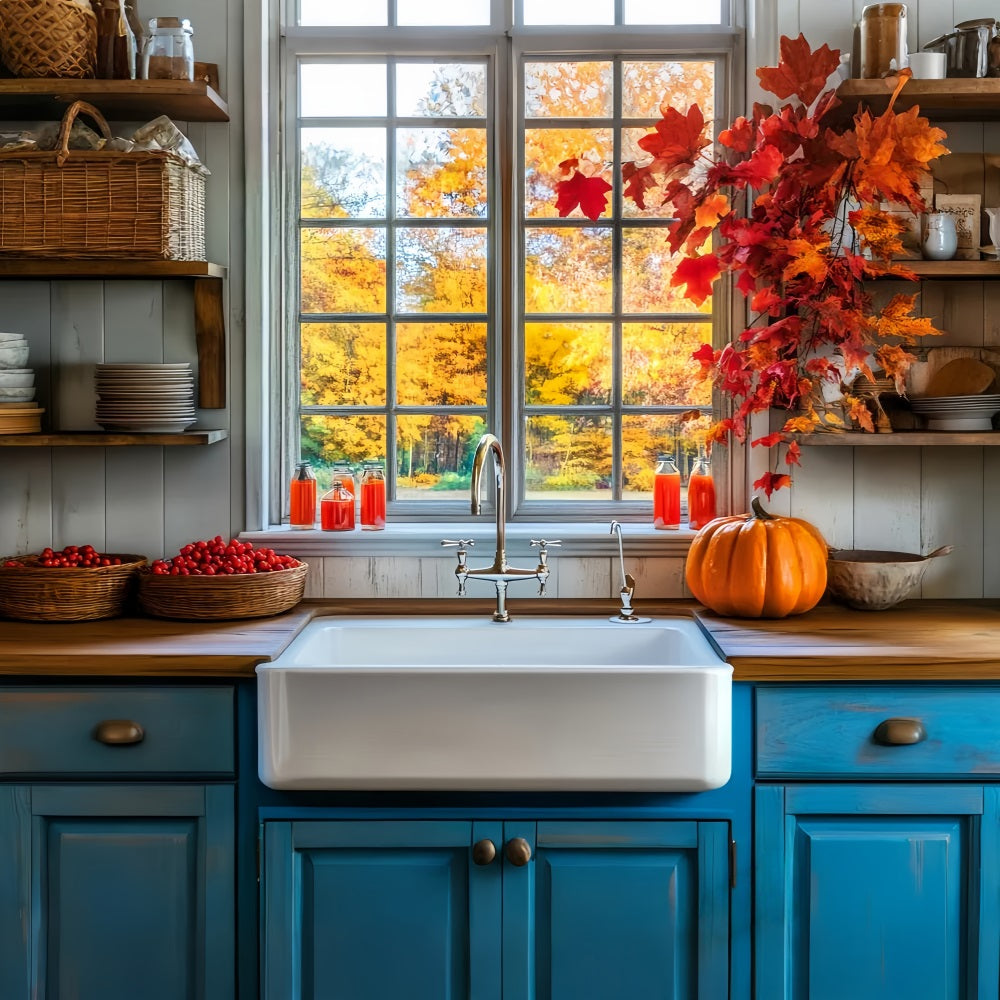Kitchen Backdrop Rustic Kitchen Autumn Leaves Fall Photo Backdrop UK LXX59-290