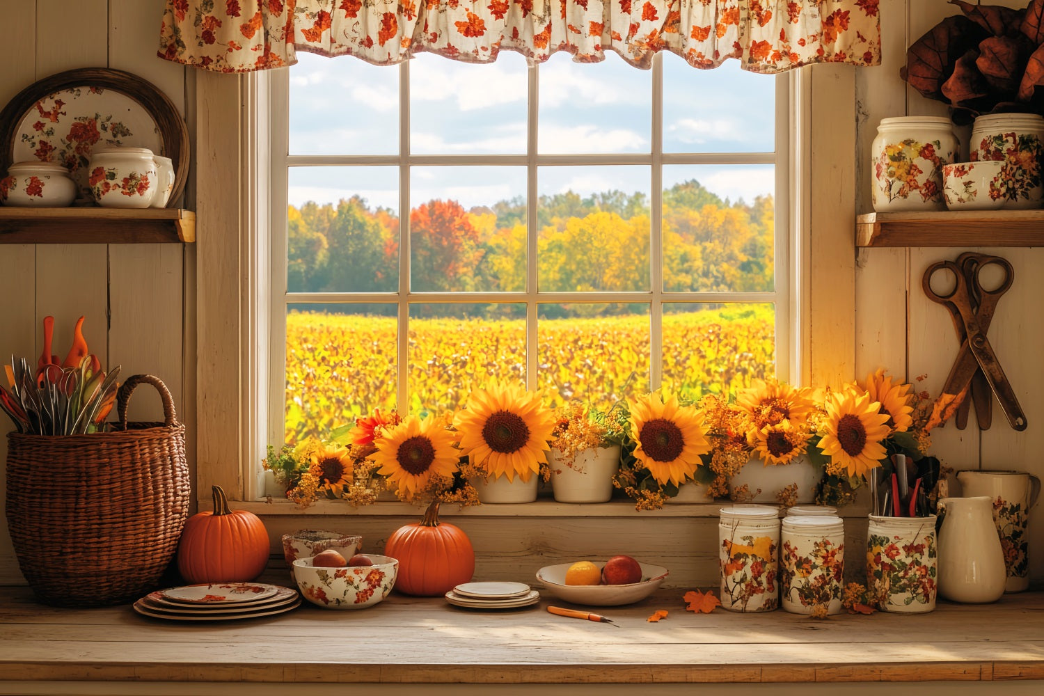 Kitchen Backdrop Cozy Autumn Kitchen Sunflowers Fall Backdrops UK LXX59-291