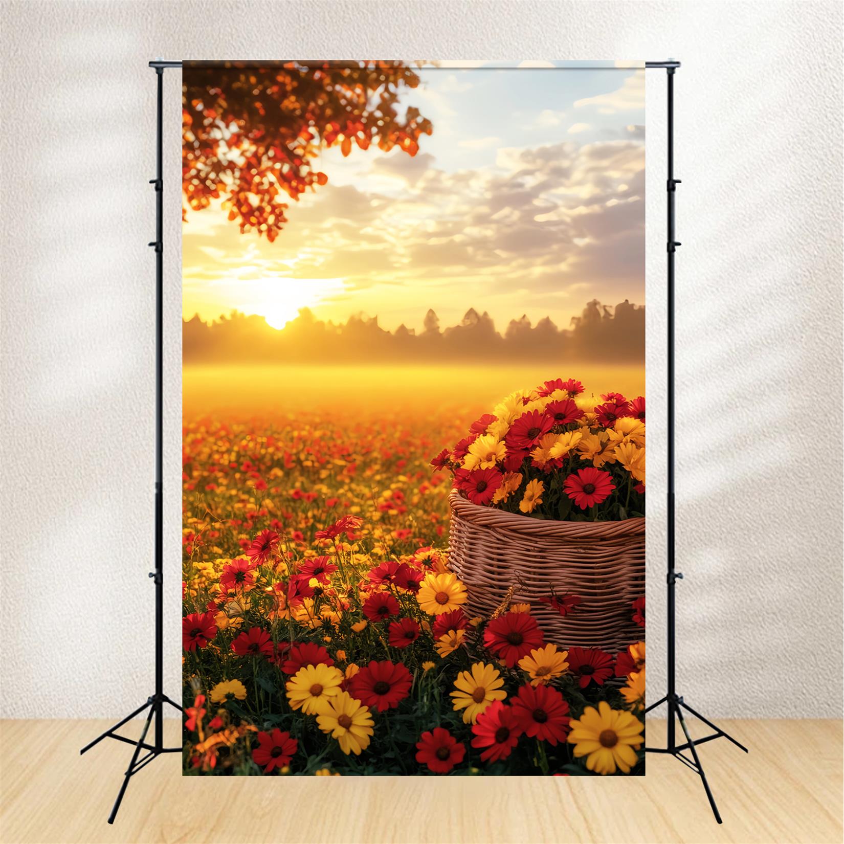 Fall Outdoor Backdrop Sunset Over Autumn Flower Field Fall Backdrops UK LXX59-292