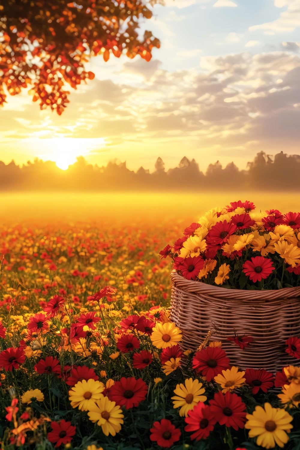 Fall Outdoor Backdrop Sunset Over Autumn Flower Field Fall Backdrops UK LXX59-292
