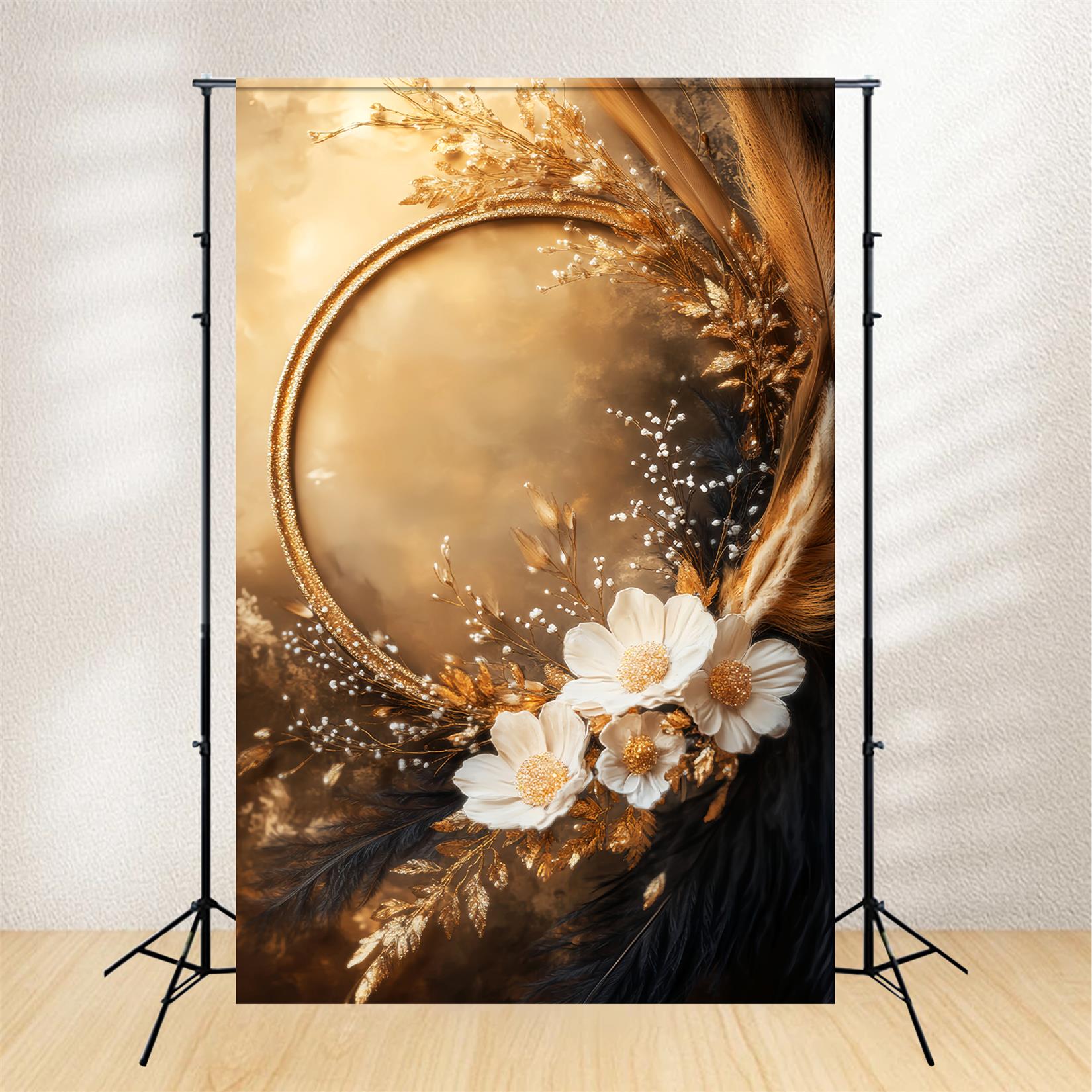 Boho Backdrop Elegant Golden Floral Frame Autumn Fall Backdrop UK LXX59-295