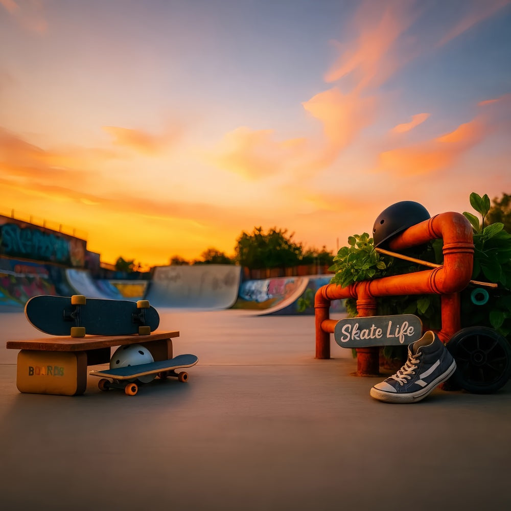 Sports Backdrop Sunset Skateboard Park Life Sports Backdrops for Photography UK LXX59-311