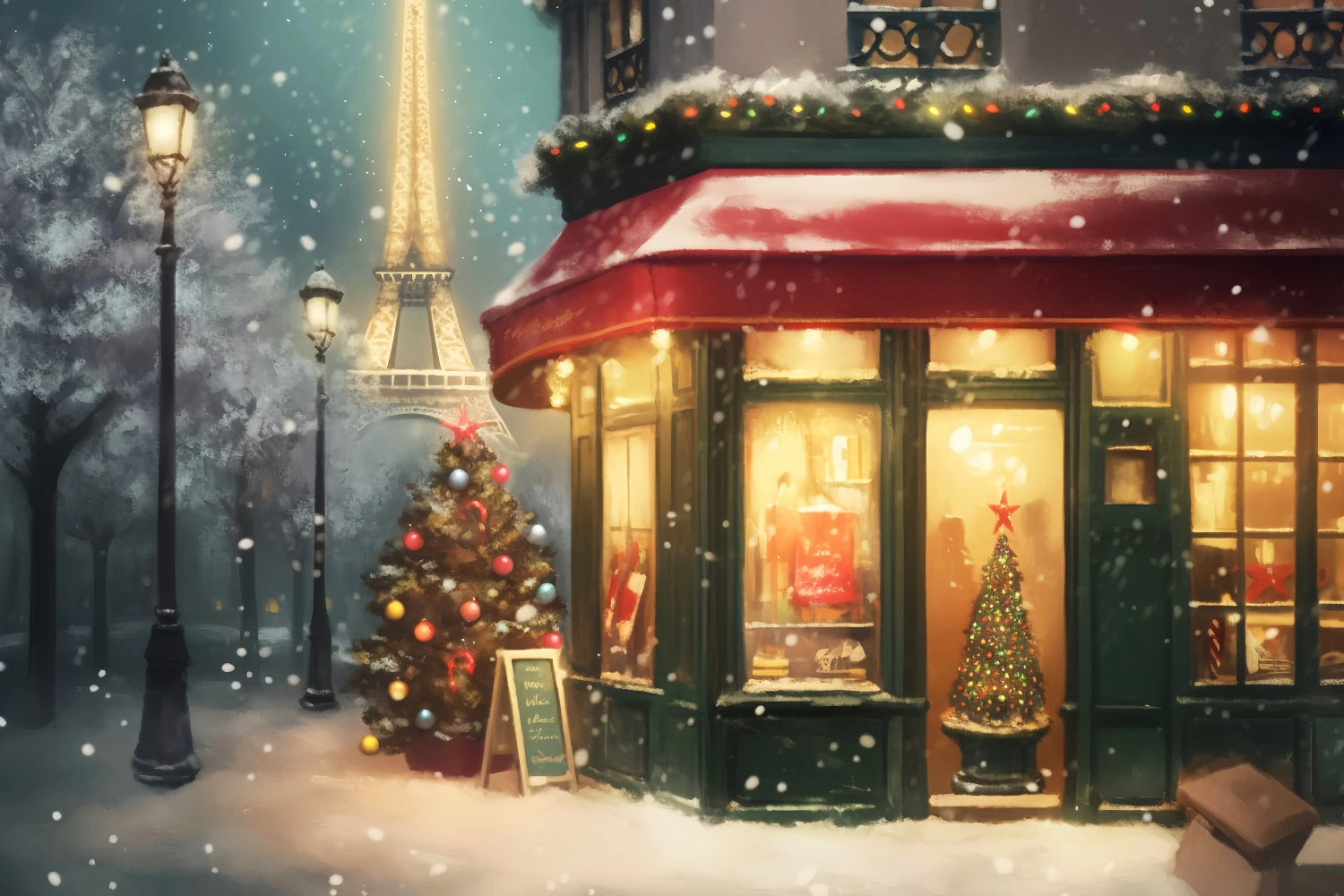 Paris Street Backdrops Snowy Christmas Night Eiffel Tower Paris Backdrop UK LXX59-38