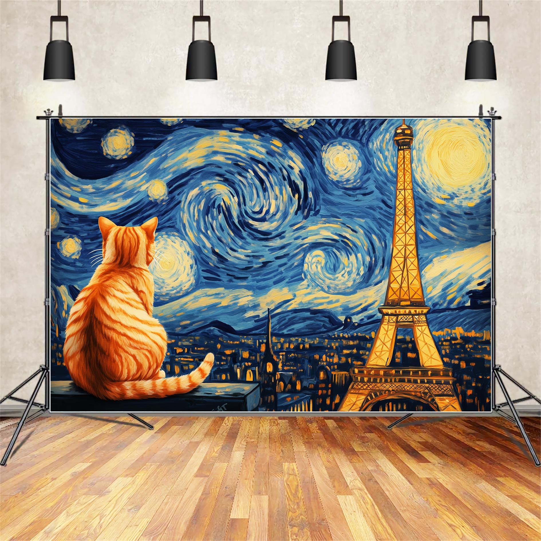 Paris Backdrop Starry Night Cat View Eiffel Tower Paris Backdrop UK LXX59-61