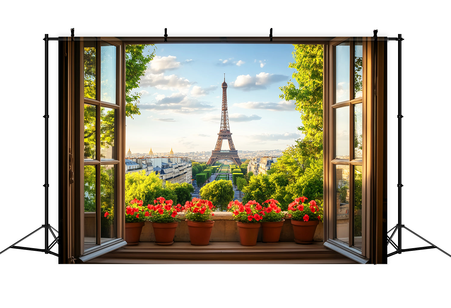 Paris Backdrops Window View Red Flowers Eiffel Paris Backdrop Ideas UK LXX59-71