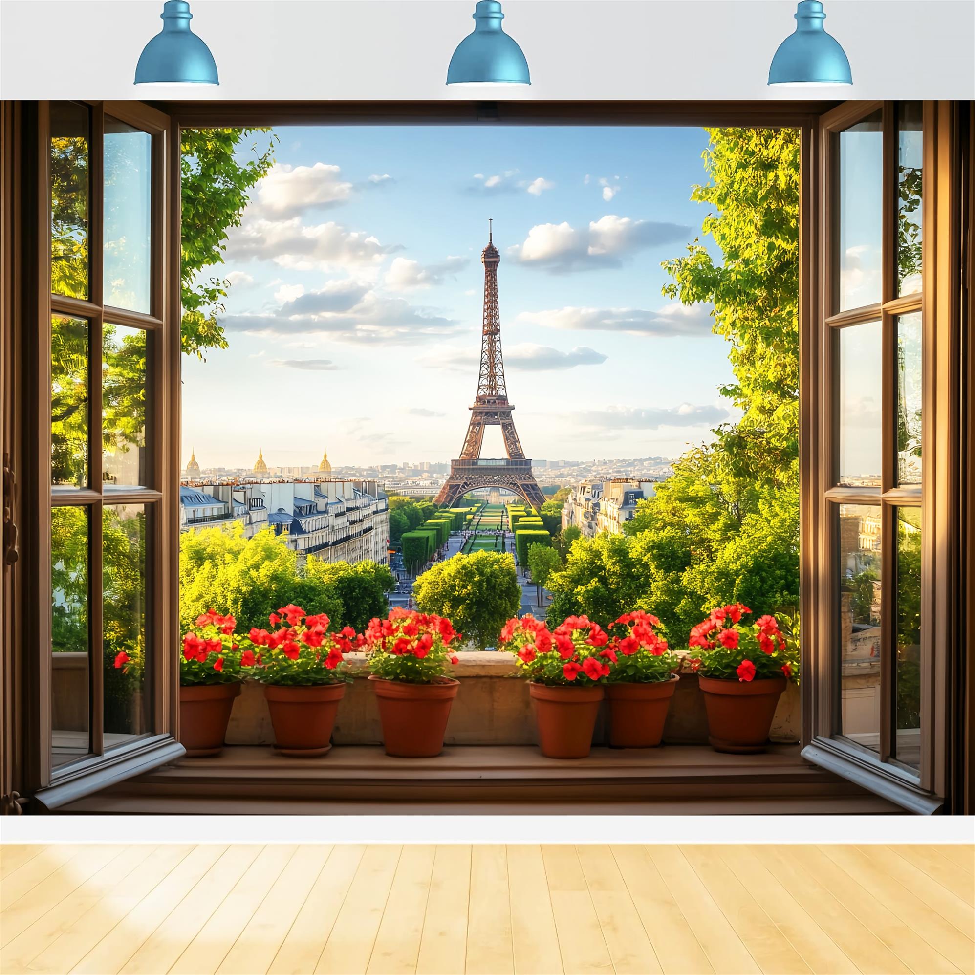Paris Backdrops Window View Red Flowers Eiffel Paris Backdrop Ideas UK LXX59-71