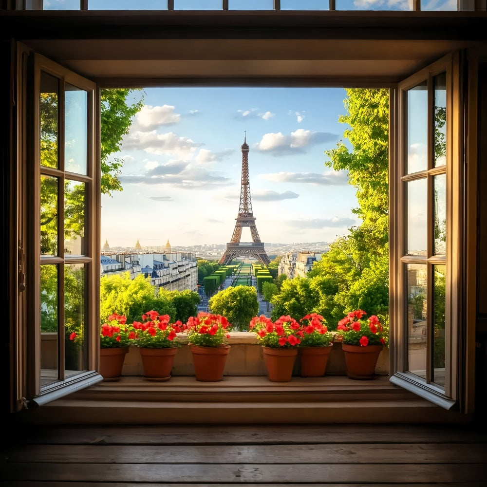 Paris Backdrops Window View Red Flowers Eiffel Paris Backdrop Ideas UK LXX59-71
