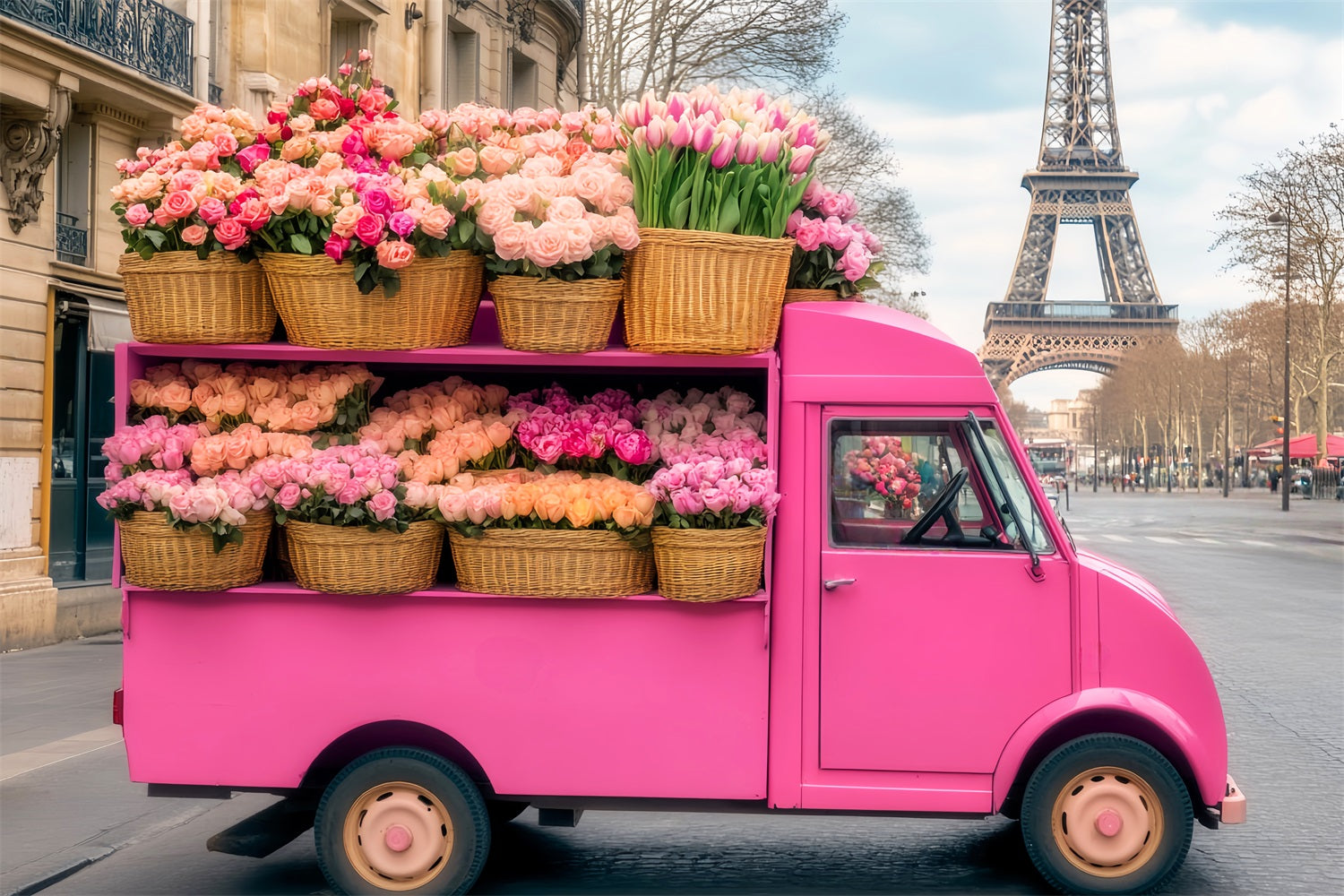 Paris Backdrops Pink Flower Truck Eiffel Tower Paris Backdrop UK LXX59-73
