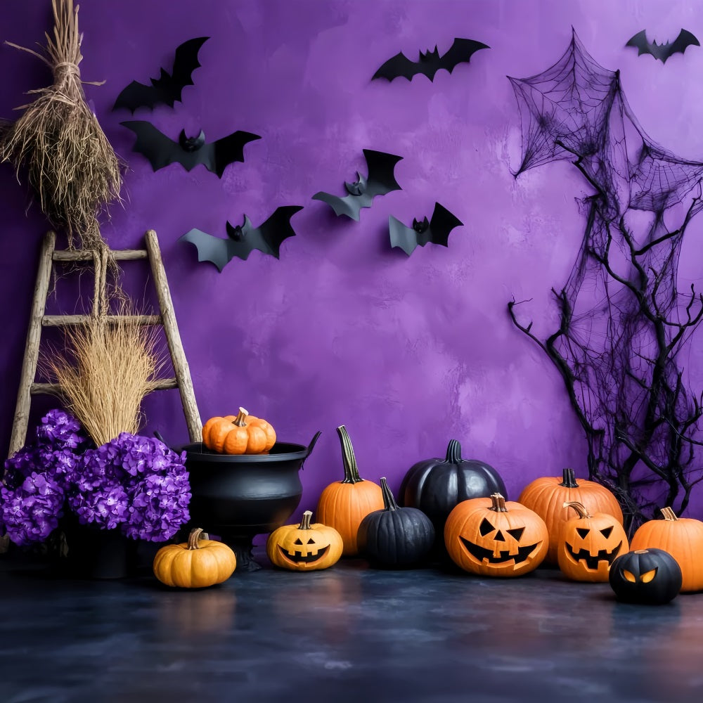 Color Backdrop Purple Wall Pumpkin Cauldron Halloween Photography Backdrops UK LXX59-91