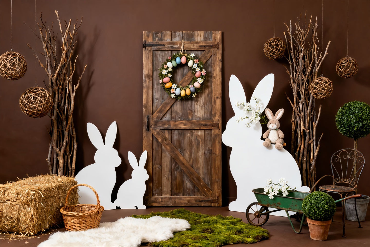 Easter Bunny Silhouette Backdrop Rustic Wooden Door Wreath Backdrop For Easter UK LXX61-116