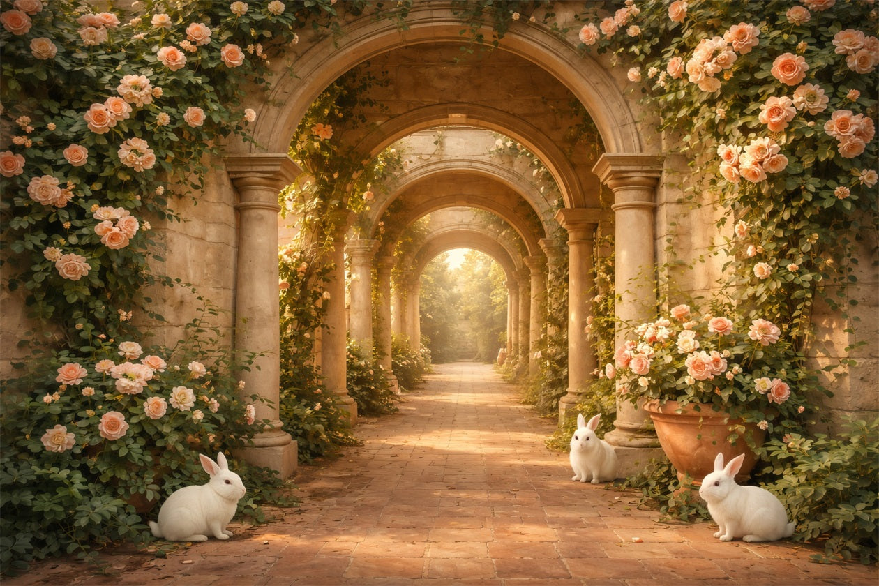 Easter Rabbit Backdrop Rose Arch Bunny Stone Path Backdrops For Easter UK LXX61-117