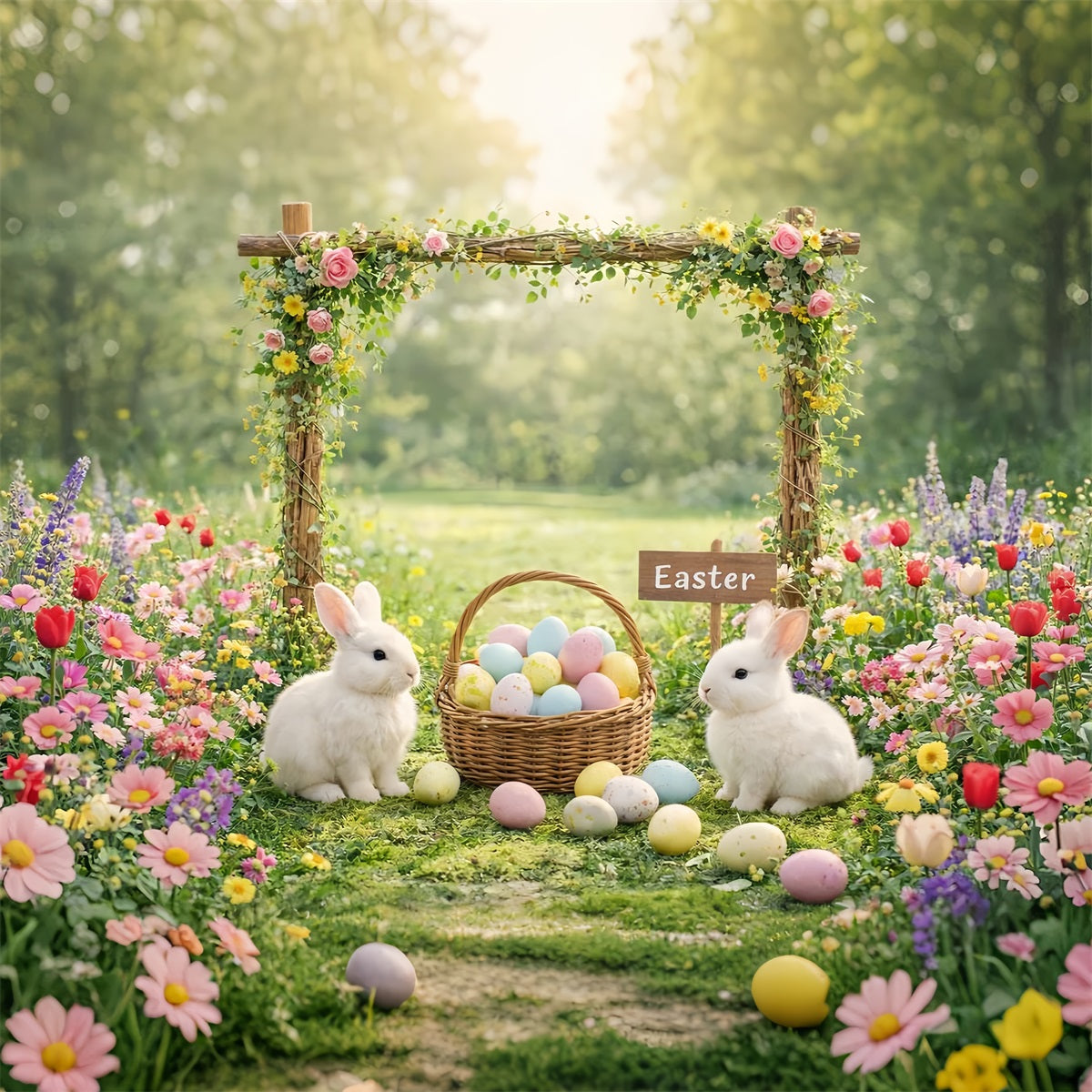 Easter Rabbit Backdrop Garden Floral Arch Bunny Eggs Backdrops For Easter UK LXX61-118