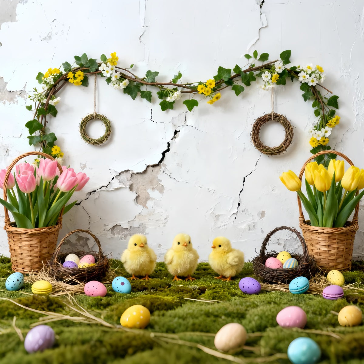 Easter Baby Chick Backdrop Tulip Eggs Baskets Wreath Easter Picture Backdrop UK LXX61-119