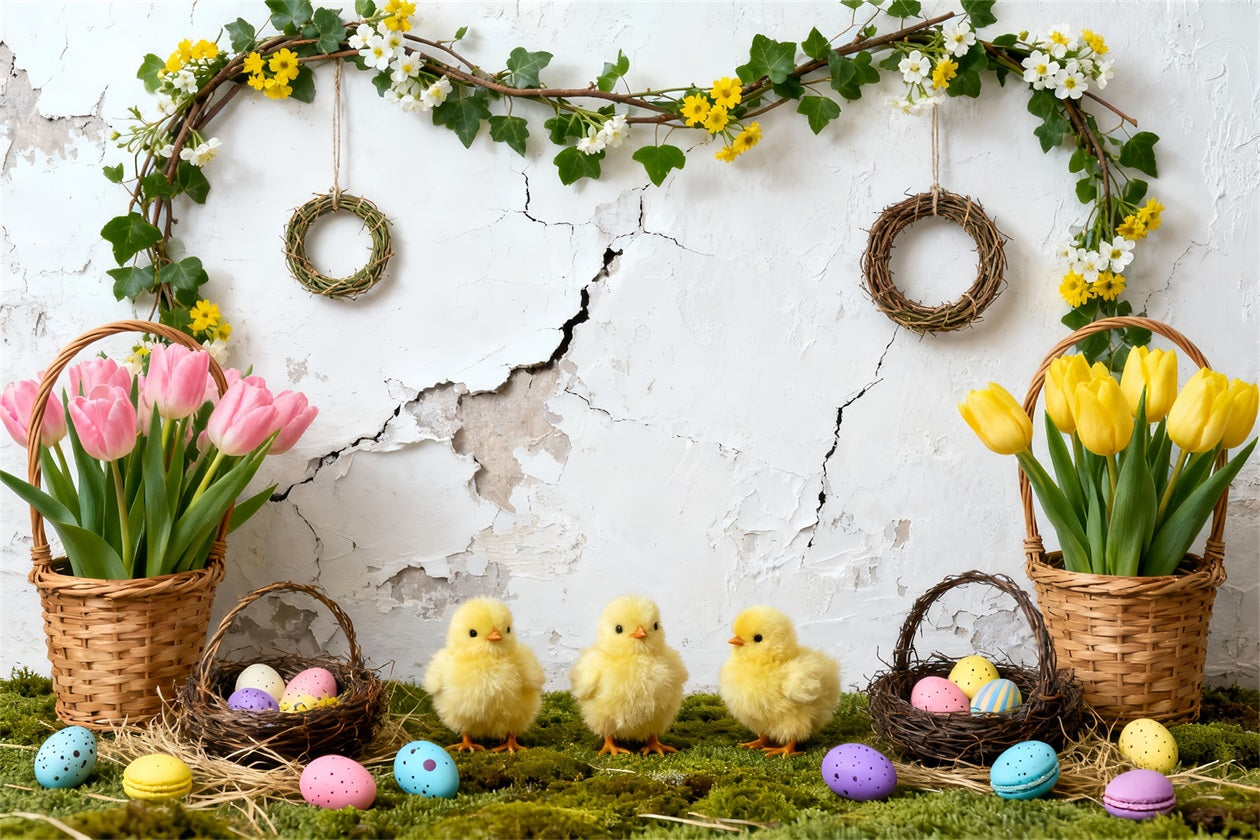 Easter Baby Chick Backdrop Tulip Eggs Baskets Wreath Easter Picture Backdrop UK LXX61-119