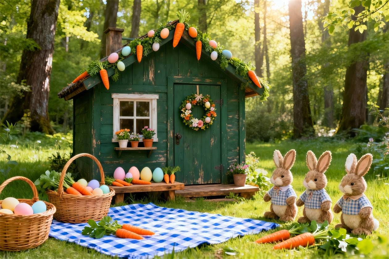 Easter Carrot Backdrop Green Hut Bunnies Carrots Picnic Easter Photography Backdrop UK LXX61-122