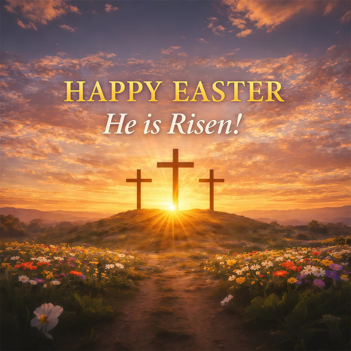 He Is Risen Backdrop Cross Sunrise Flowers Field Easter Backdrops UK LXX61-126