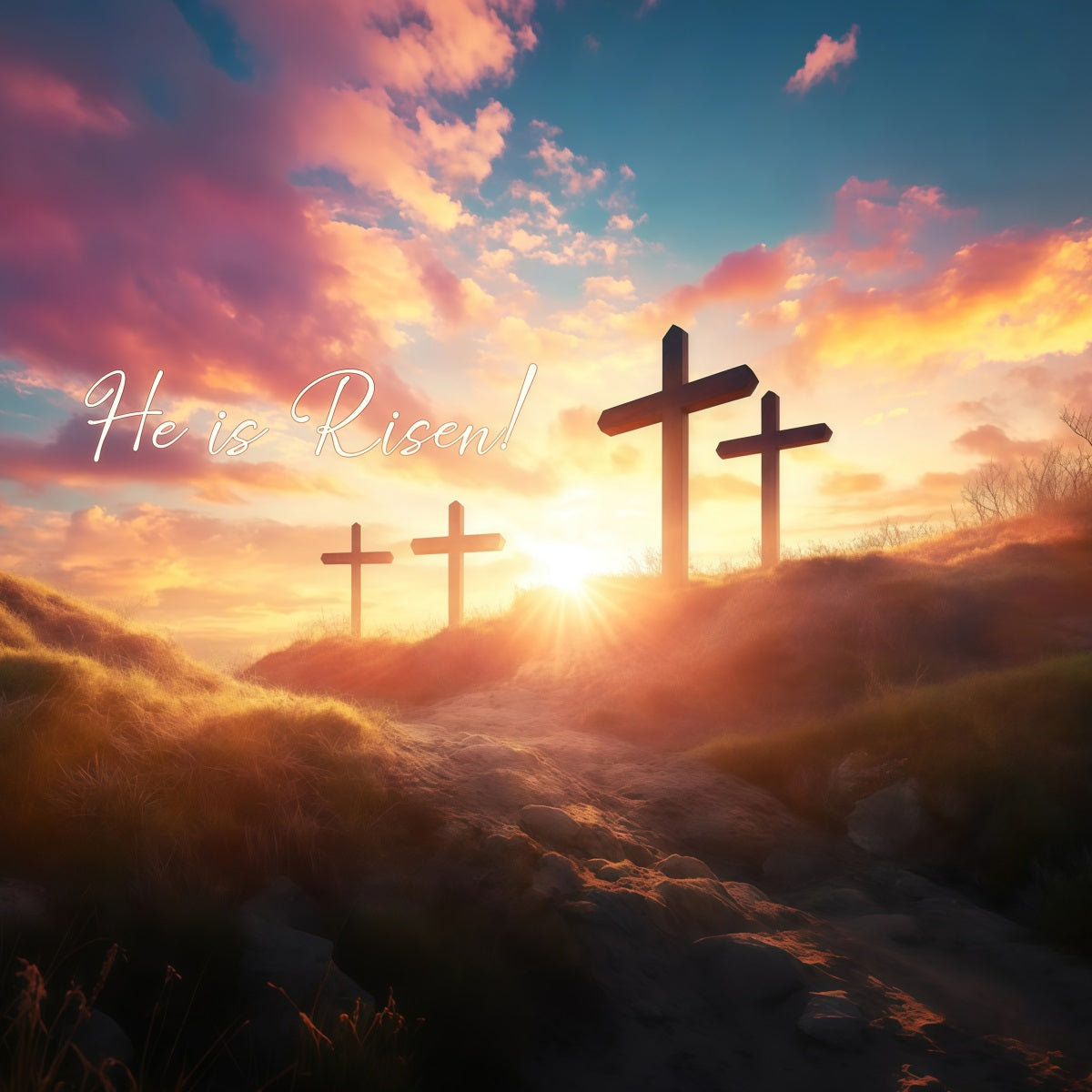 He Is Risen Backdrop Easter Cross Sunset Glow Easter Backdrop Ideas UK LXX61-127