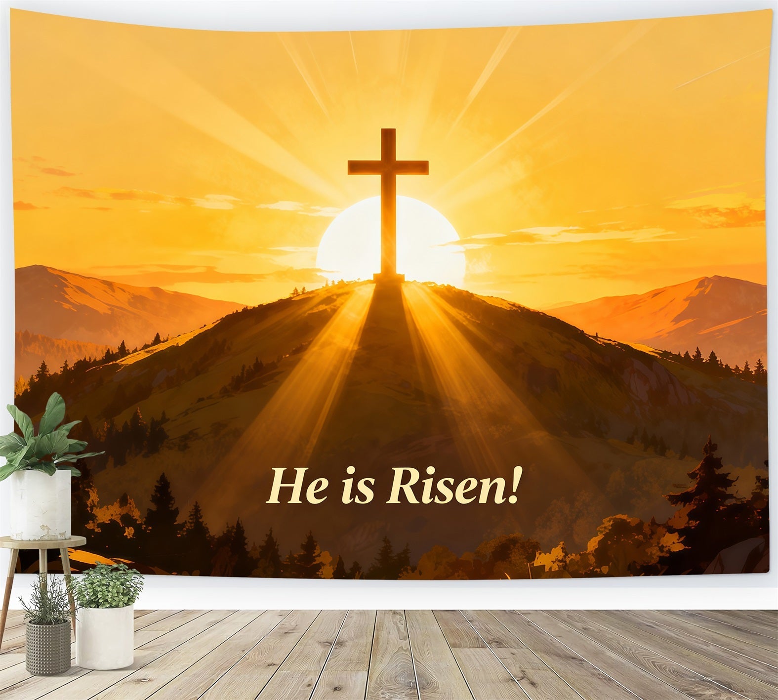 He Is Risen Backdrop Cross Hill Sunrise Glow Easter Picture Backdrop Ideas UK LXX61-140