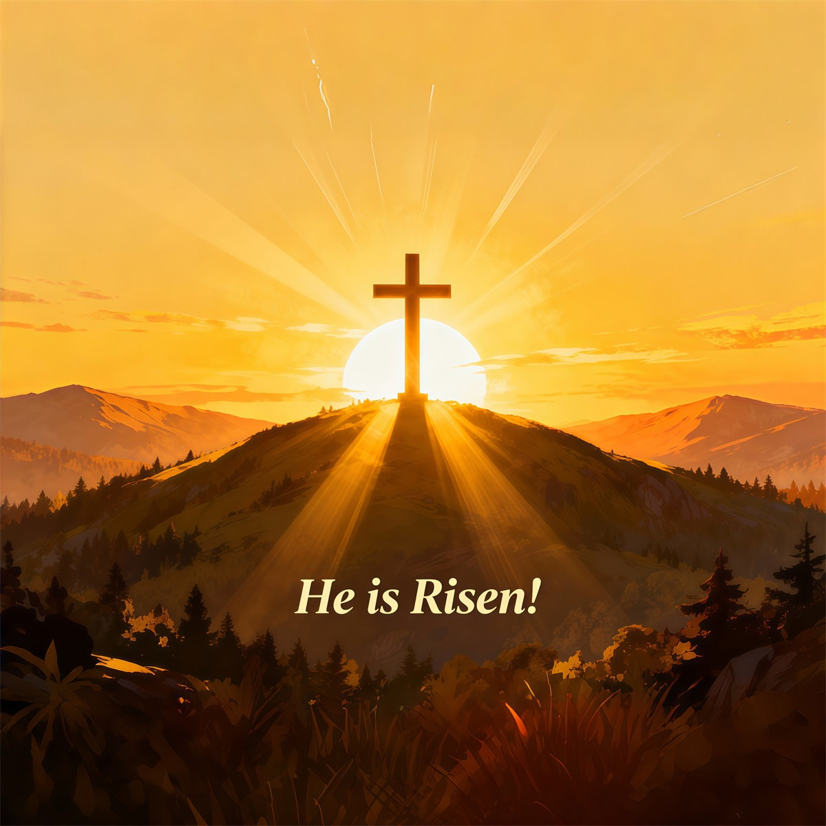 He Is Risen Backdrop Cross Hill Sunrise Glow Easter Picture Backdrop Ideas UK LXX61-140
