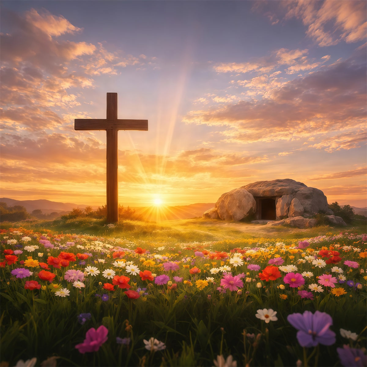 He Is Risen Backdrop Cross Tomb Flower Field Easter Photography Backdrops UK LXX61-141