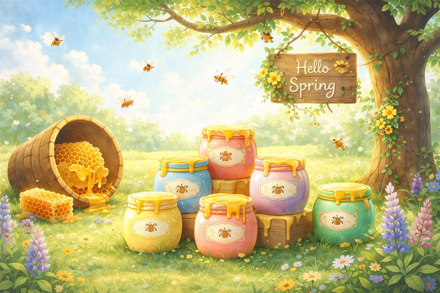 Bee Backdrop Honey Jar Garden Illustration Backdrop Spring UK LXX61-165
