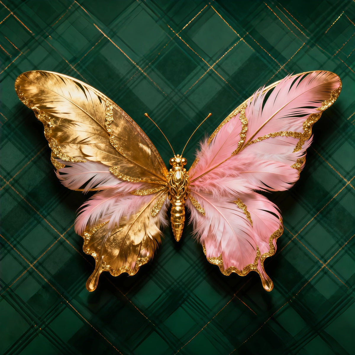Butterfly Wings Backdrop Golden Pink Feather Emblem Spring Picture Backdrop UK LXX61-174