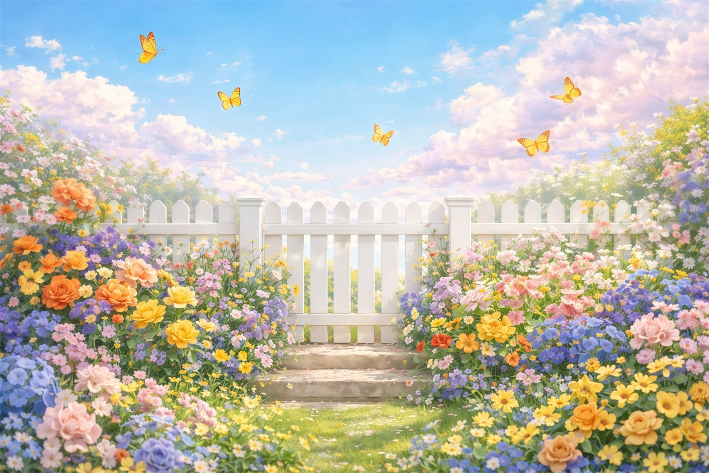 Wildflower Backdrop White Fence Garden Butterfly Floral Photo Backdrop UK LXX61-179