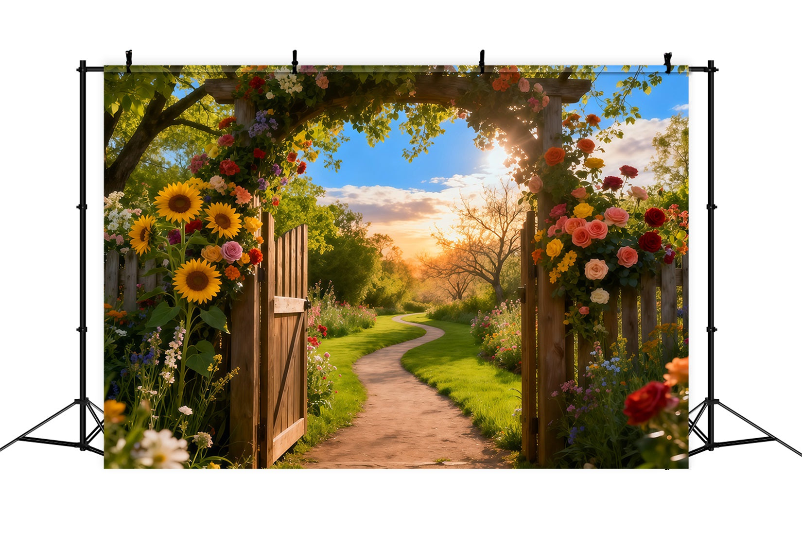 Garden Photo Backdrop Sunset Rustic Arch Door Pathway Floral Backdrops UK LXX61-180
