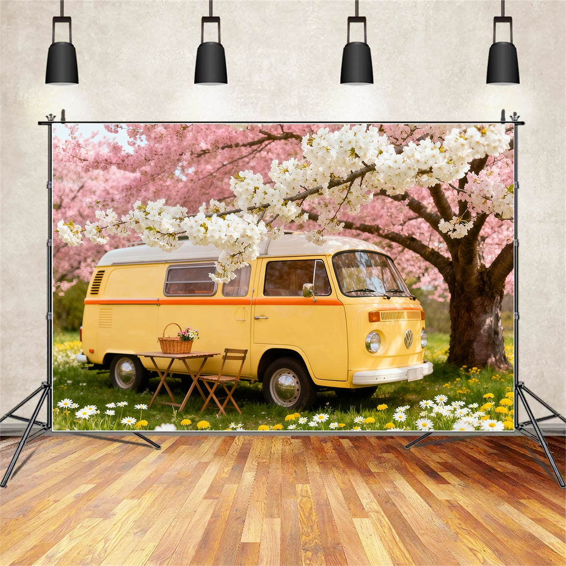 Wildflower Photo Backdrop Cherry Blossom Camper Picnic Floral Backdrops For Photography UK LXX61-184