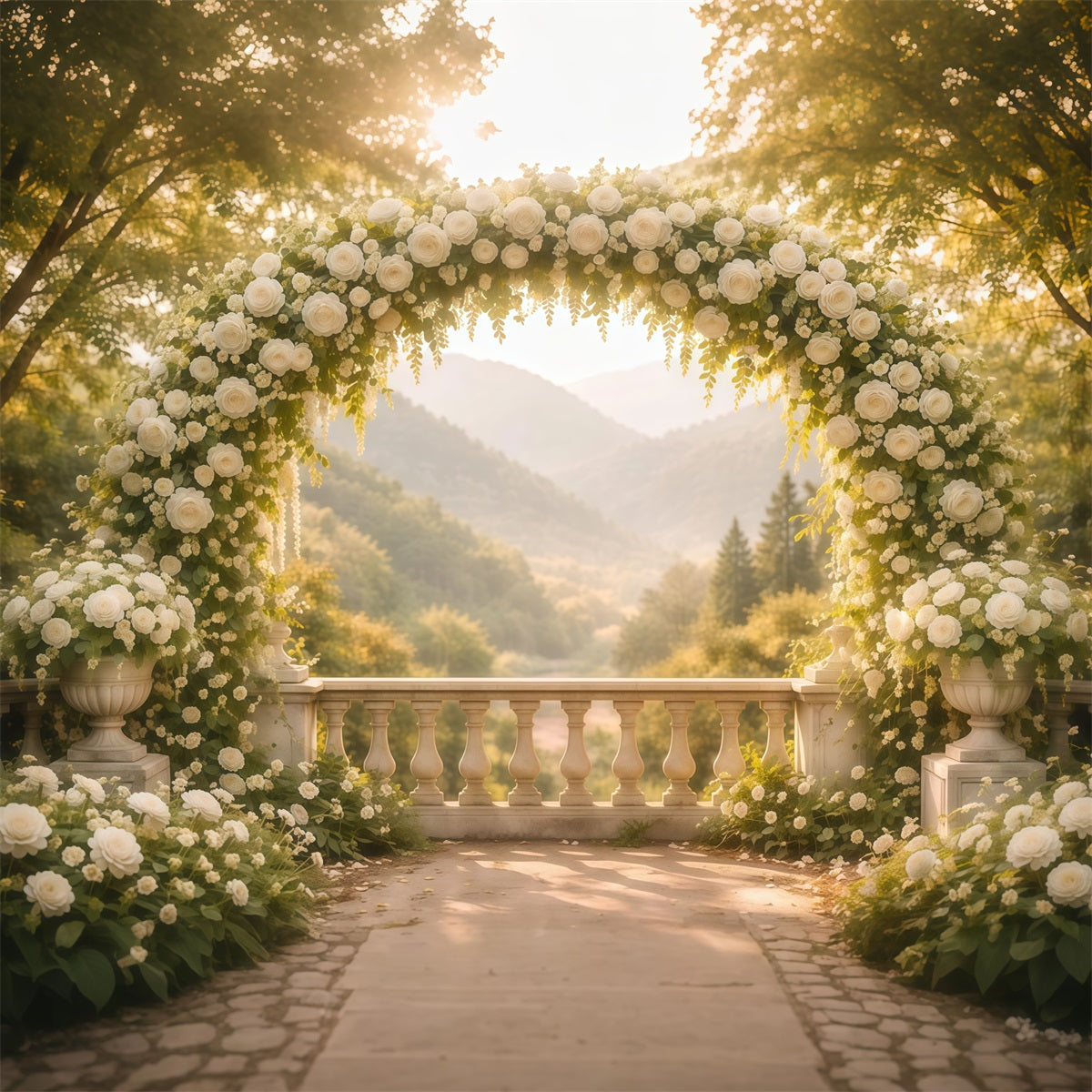 Flower Garden Backdrop White Arch Terrace Vista Floral Photography Backdrop UK LXX61-188