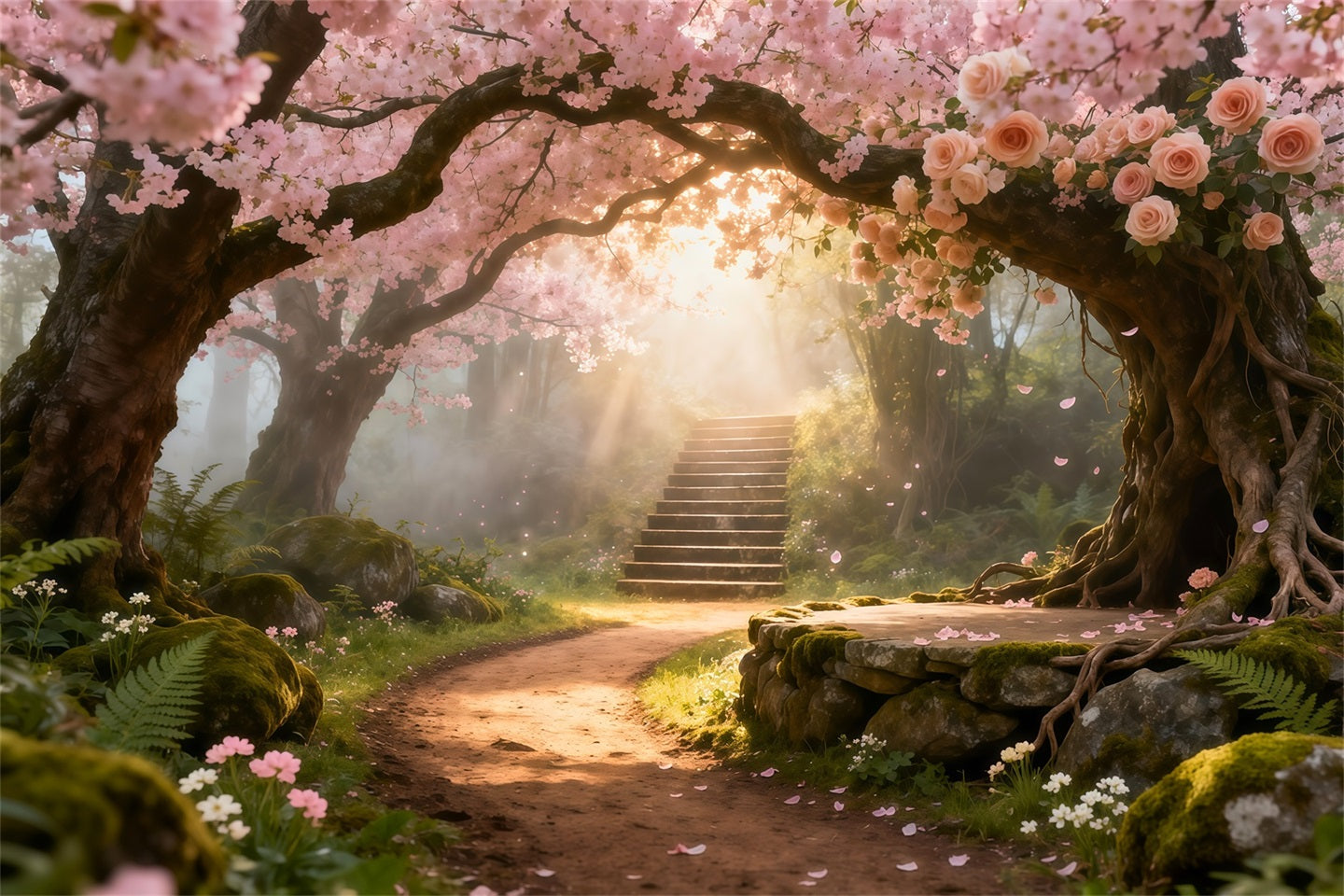Cherry Blossom Photo Backdrop Flower Archway Sunlit Path Floral Backdrop For Photography UK LXX61-192