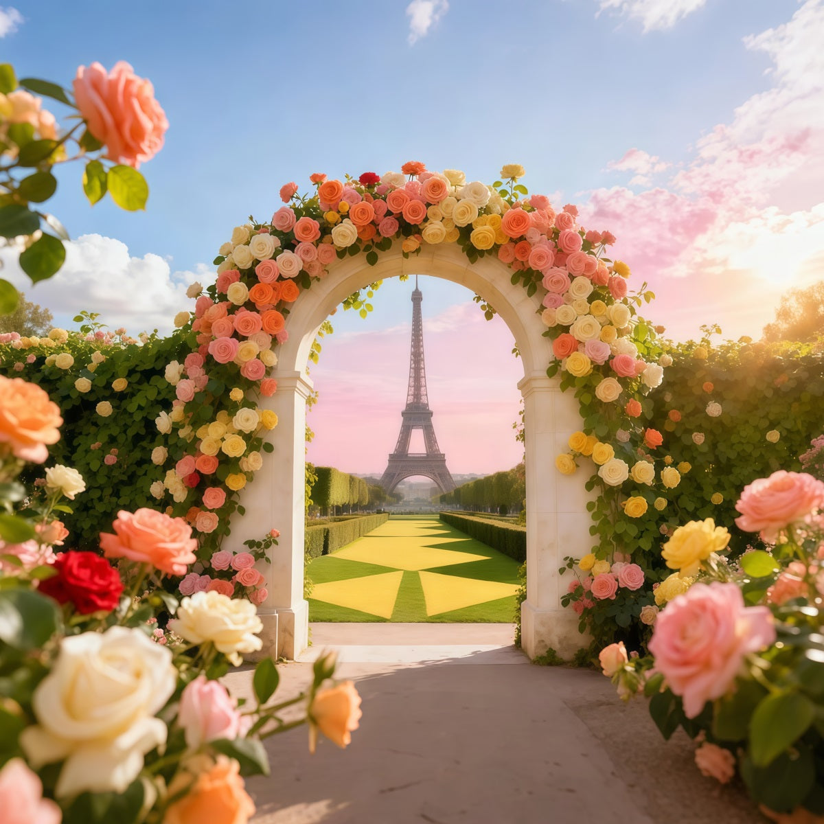 Rose Garden Backdrop Eiffel Tower Arch Door View Photo Backdrop Floral UK LXX61-193