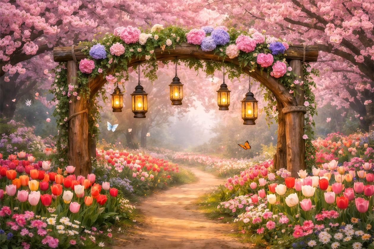 Cherry Blossom Backdrops Lantern Garden Pink Flower Path Backdrop Floral UK LXX61-202