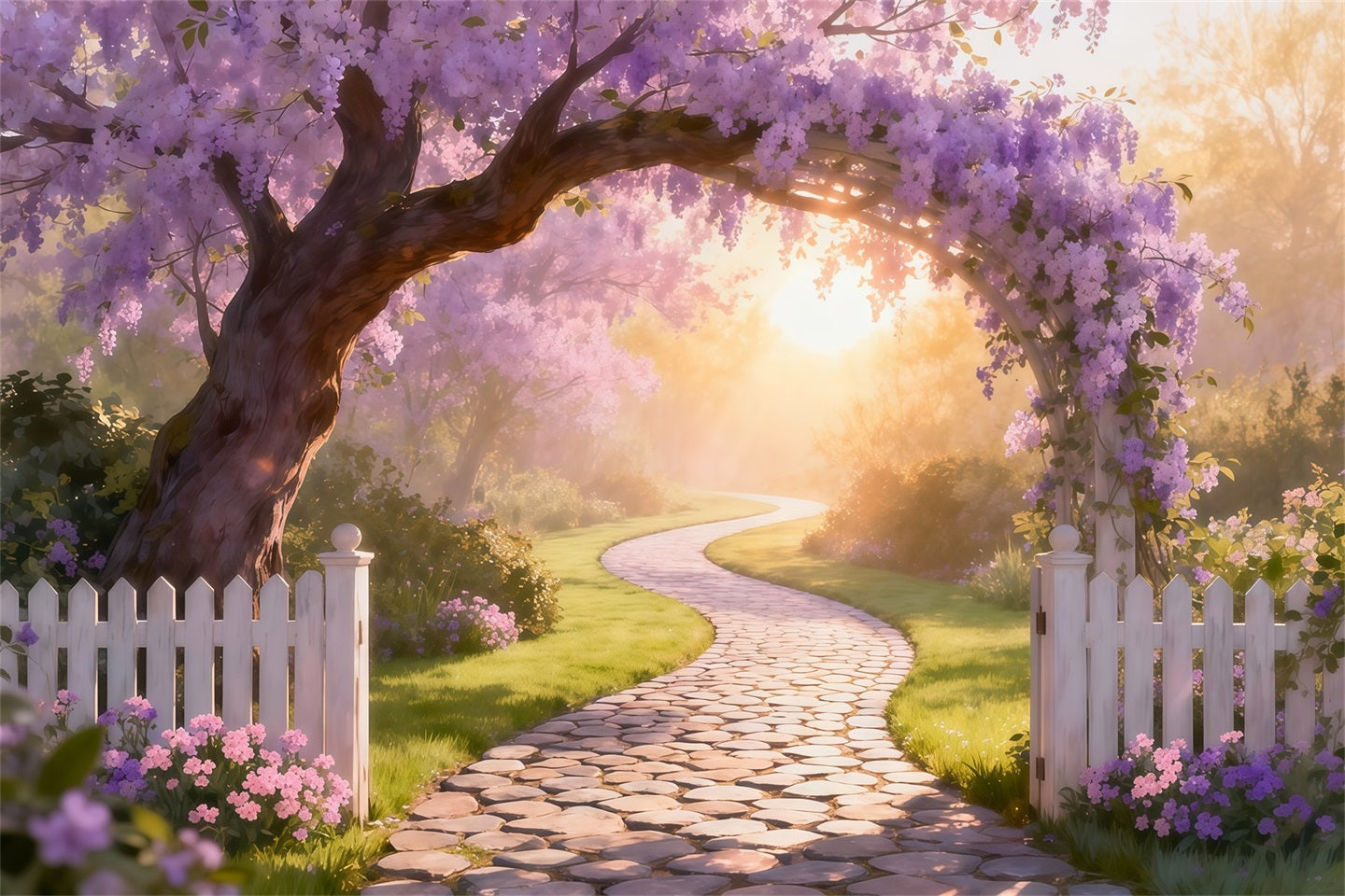 Spring Flower Backdrop Wisteria Arch Sunlit Path Floral Garden Backdrop UK LXX61-205