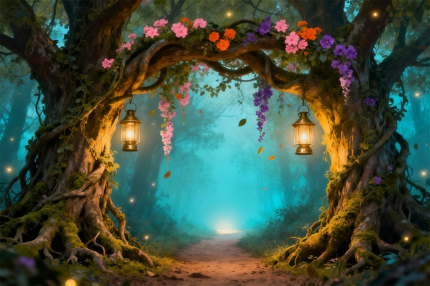 Enchanted Garden Photo Backdrop Enchanted Forest Lantern Arch Floral Fabric Backdrop UK LXX61-211