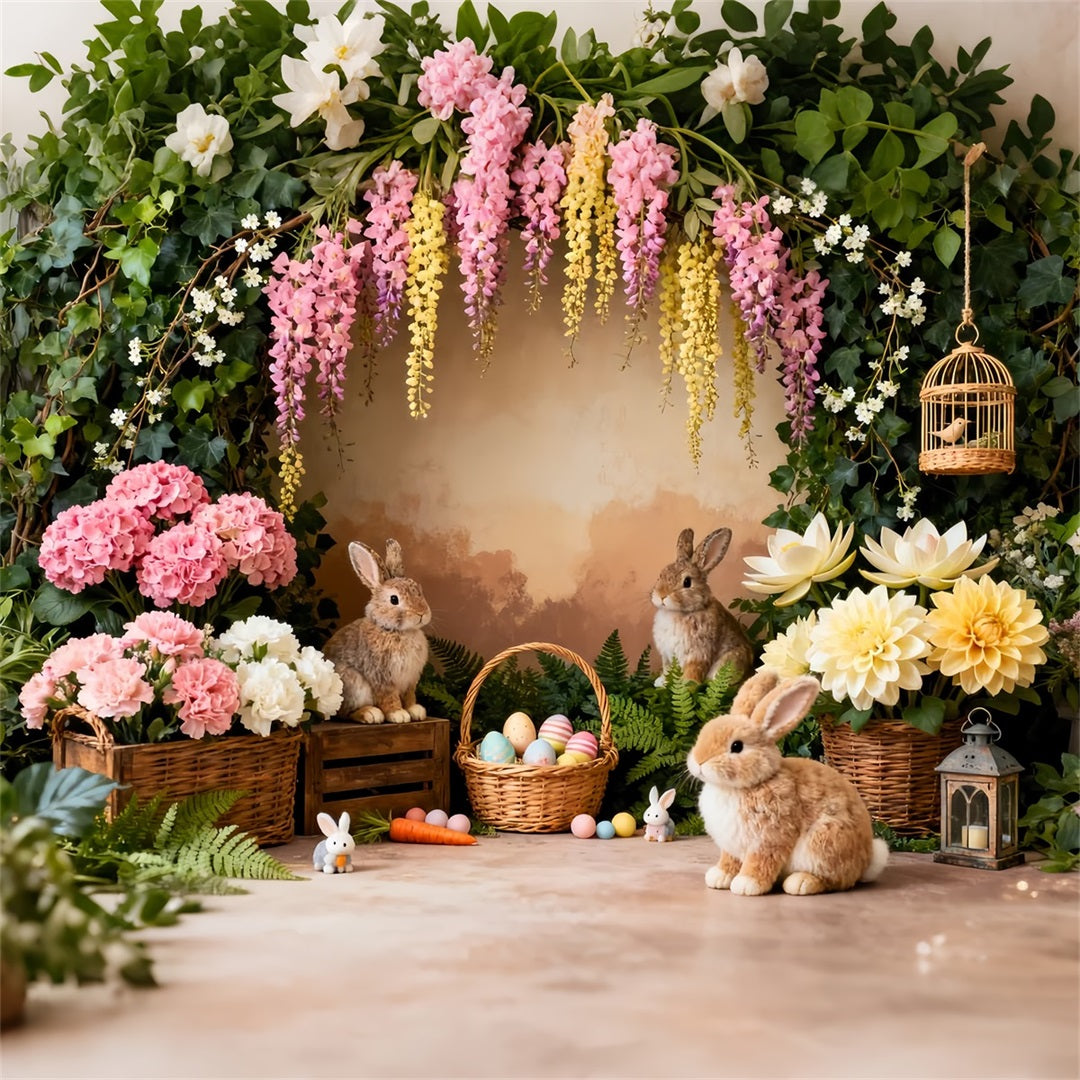 Easter Bunny Picture Backdrop Garden Flower Bouquet Egg Basket Backdrop Ideas For Easter UK LXX61-38