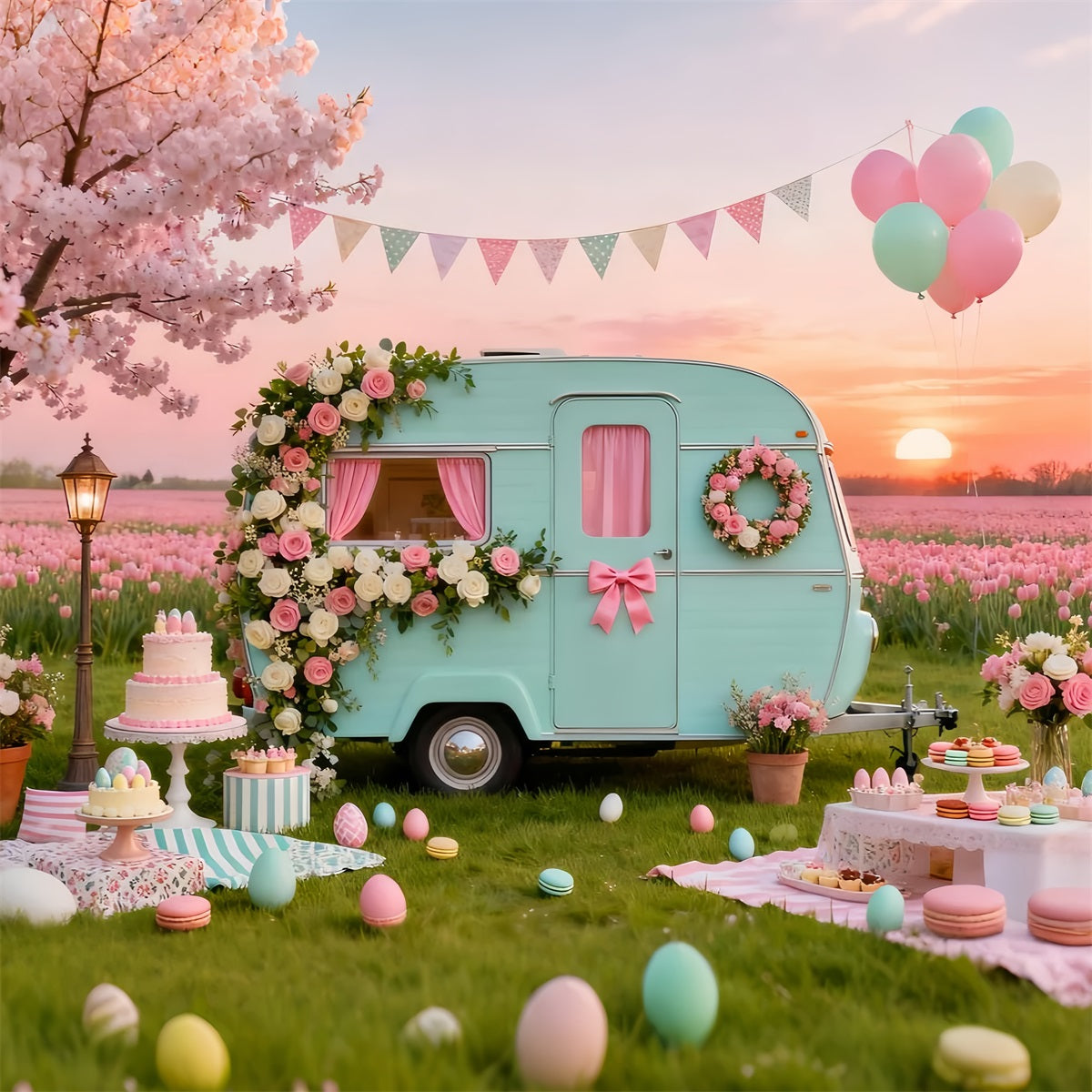 Egg Backdrop Vintage Floral Caravan Picnic Backdrop Ideas For Easter Pictures UK LXX61-91