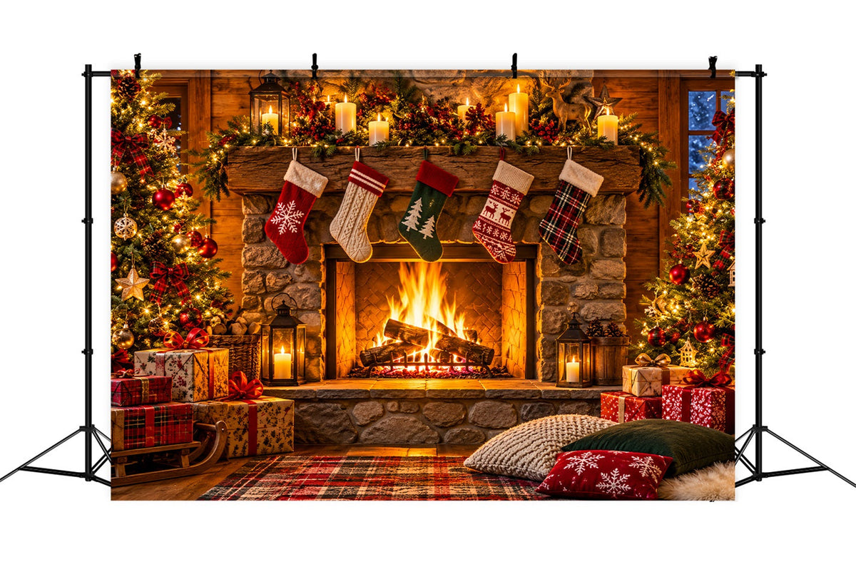 Christmas Fireplace Backdrop Rustic Room Stockings Christmas Backdrop for Photography UK LXX610-154