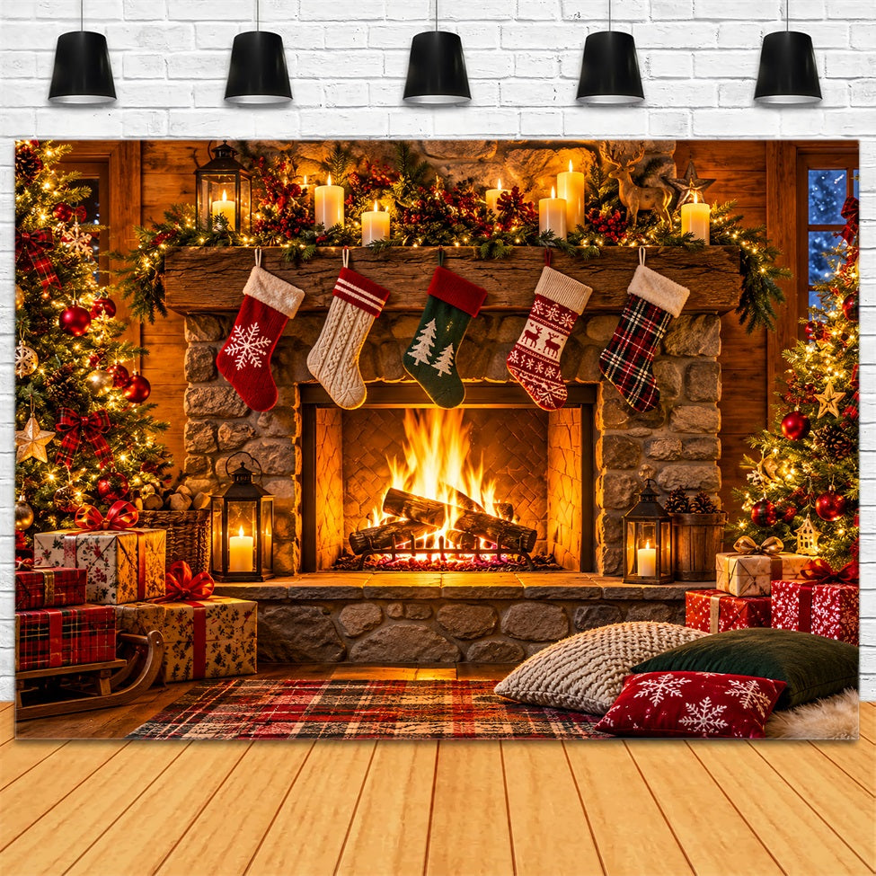 Christmas Fireplace Backdrop Rustic Room Stockings Christmas Backdrop for Photography UK LXX610-154
