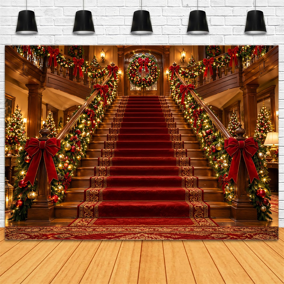 Christmas Scene Backdrop Grand Garland Hall Entrance Christmas Staircase Backdrop UK LXX610-155