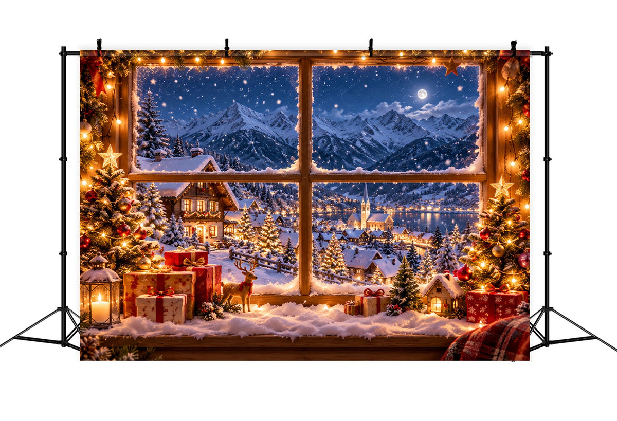 Winter Christmas Backdrop Snowy Alpine House Window Christmas Village Backdrops UK LXX610-157