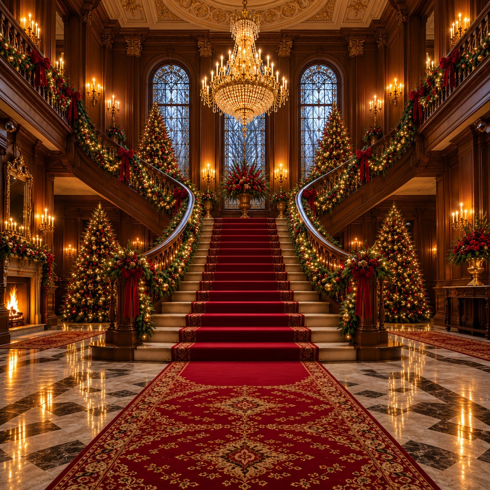 Living Room Christmas Backdrop Majestic Chandelier Staircase Hall Christmas Wall Backdrop UK LXX610-158