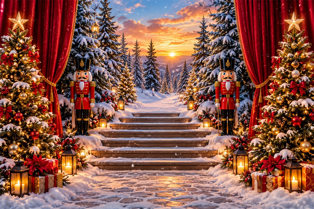 Christmas Theme Backdrop Forest Sunset Snowy Staircase Nutcracker Backdrops UK LXX610-159