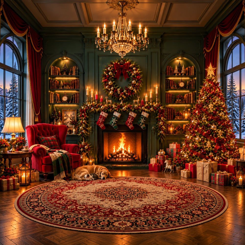 Christmas Fireplace Backdrops Cozy Living Room Emerald Wall Christmas Scene Backdrop UK LXX610-160