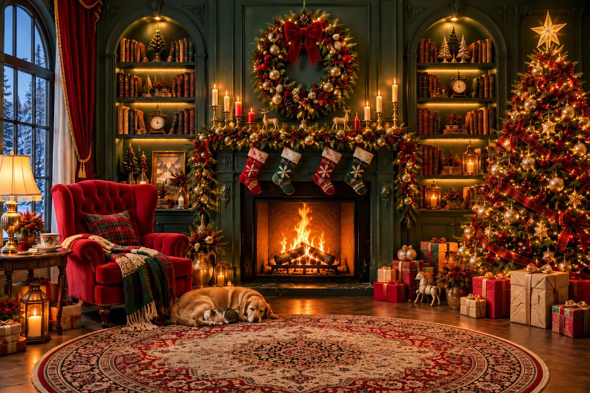 Christmas Fireplace Backdrops Cozy Living Room Emerald Wall Christmas Scene Backdrop UK LXX610-160