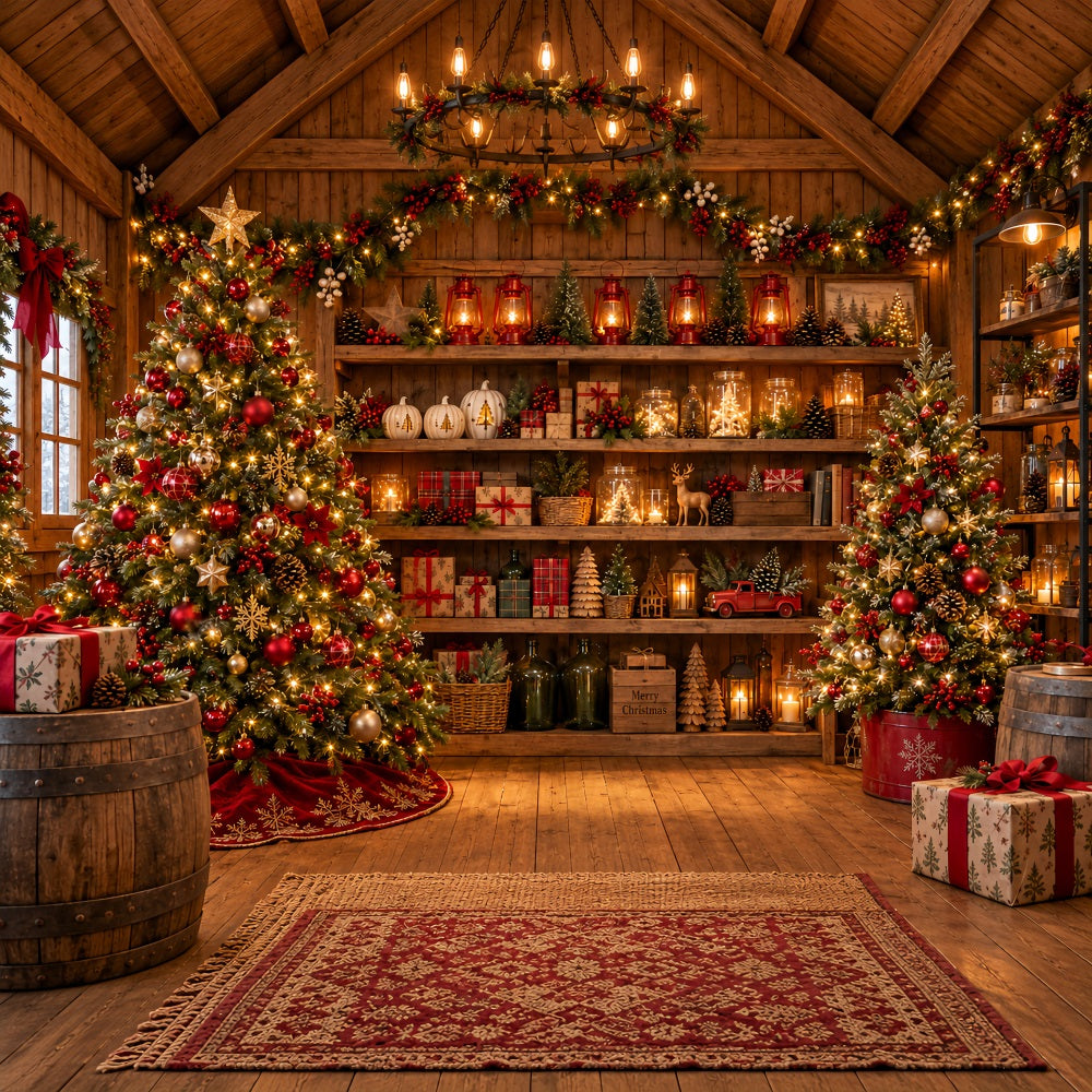 Christmas Store Backdrop Rustic Festive Wooden Shelves Christmas Backdrop for Pictures UK LXX610-165