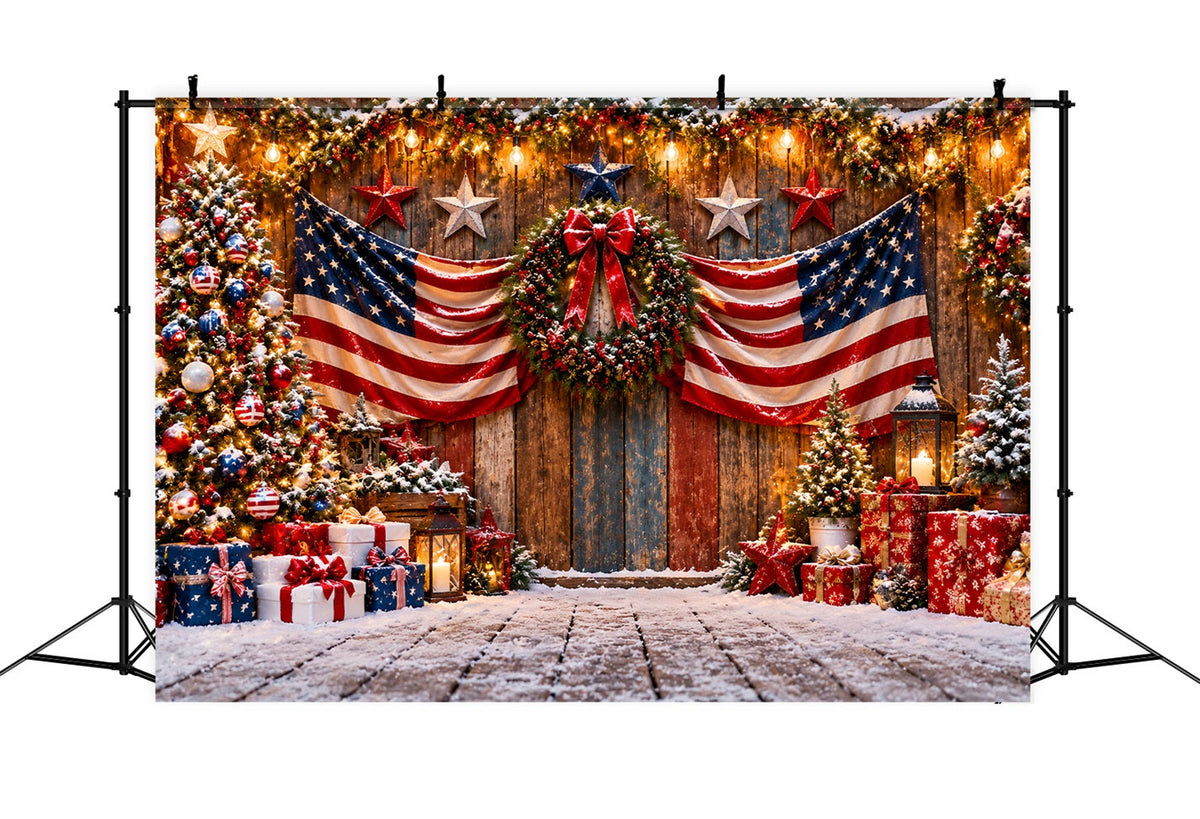 Country Christmas Backdrop Patriotic Flag Festive Doorway Christmas Tree Photography Backdrop UK LXX610-168