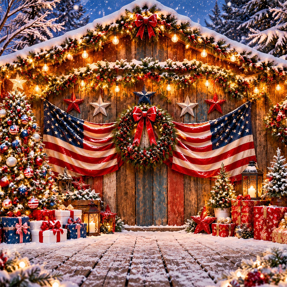 Country Christmas Backdrop Patriotic Flag Festive Doorway Christmas Tree Photography Backdrop UK LXX610-168