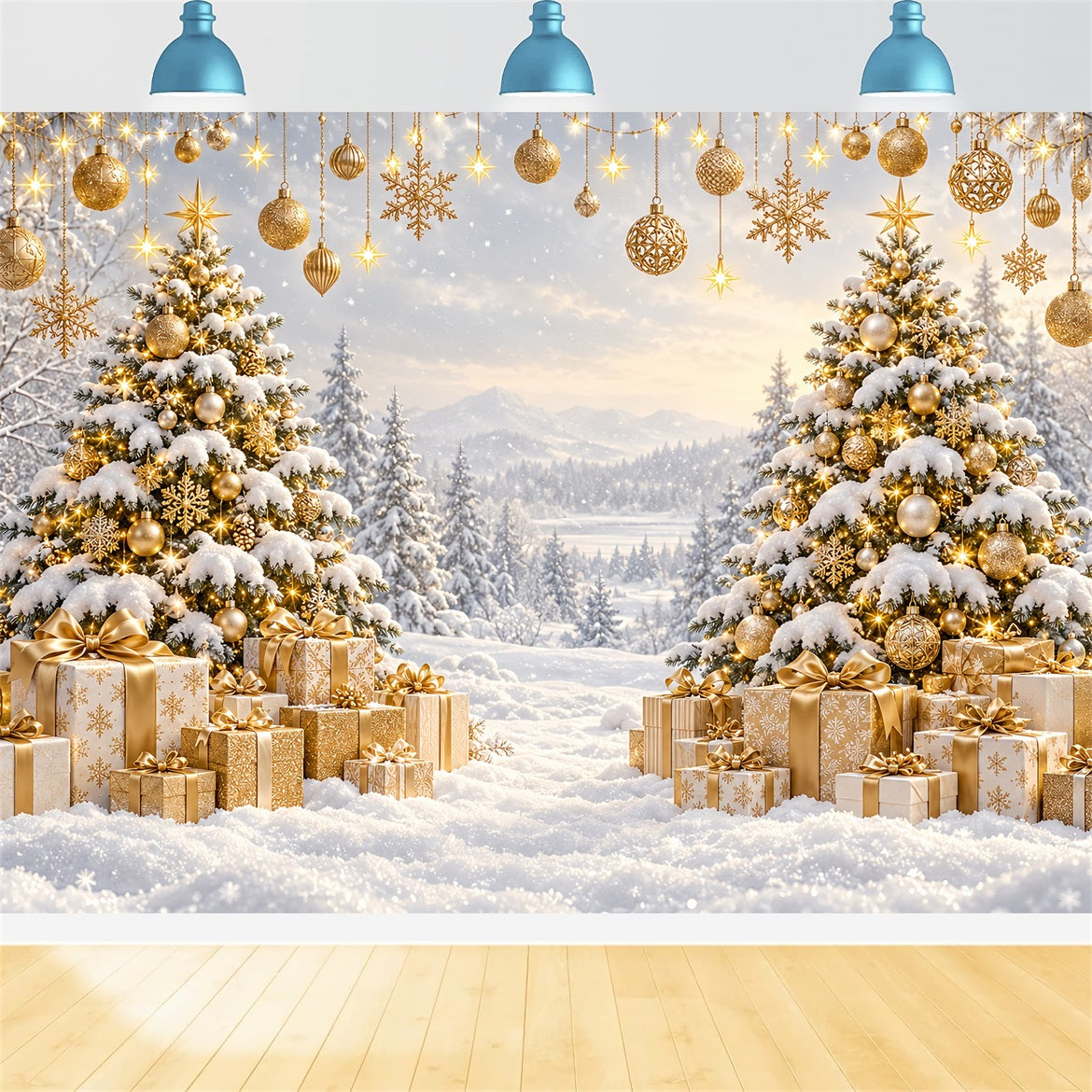 Christmas Backdrop for Photos Golden Sunset Snowy Forest Christmas Card Backdrop UK LXX610-171